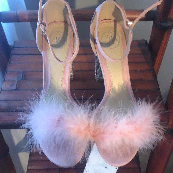 Missguided Pink Feather and Rhinestone Glitter block heels. Size 7 - Picture 3 of 6